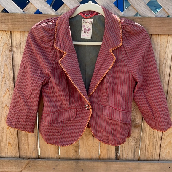 Free people Rare crop jacket Sz 6 pockets red and tan stripes w/orange stitching - Picture 3 of 10